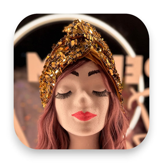 Handgefertigtes Haarband Goldexplosion von Elli Fatale in Gold - haarband, glitzer, elli fatale, handgefertigt, gold, pailletten, haaraccessoire, styling, turban, gürtel, Glitterimperium