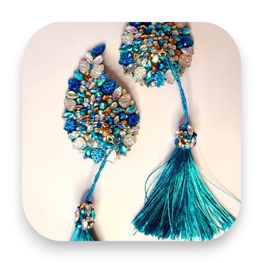 Handgefertigte Pasties mit abnehmbaren Tassel Wings in Blau-Gold - pastie, nippelabdeckung, nippelpad, nippelcover, burlesque, blau, gold, tassel, handgefertigt, leder, Glitterimperium