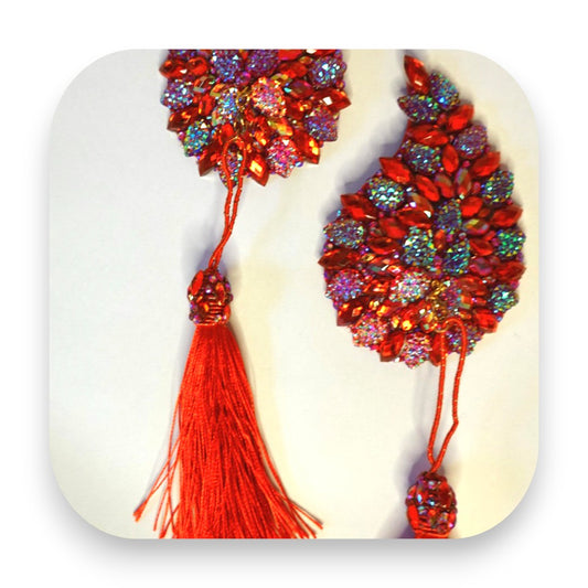 Handgefertigte Pasties mit abnehmbaren Tassel Wings in Rot - pastie, nippelabdeckung, nippelpad, nippelcover, burlesque, rot, tassel, handgefertigt, leder, strass, Glitterimperium