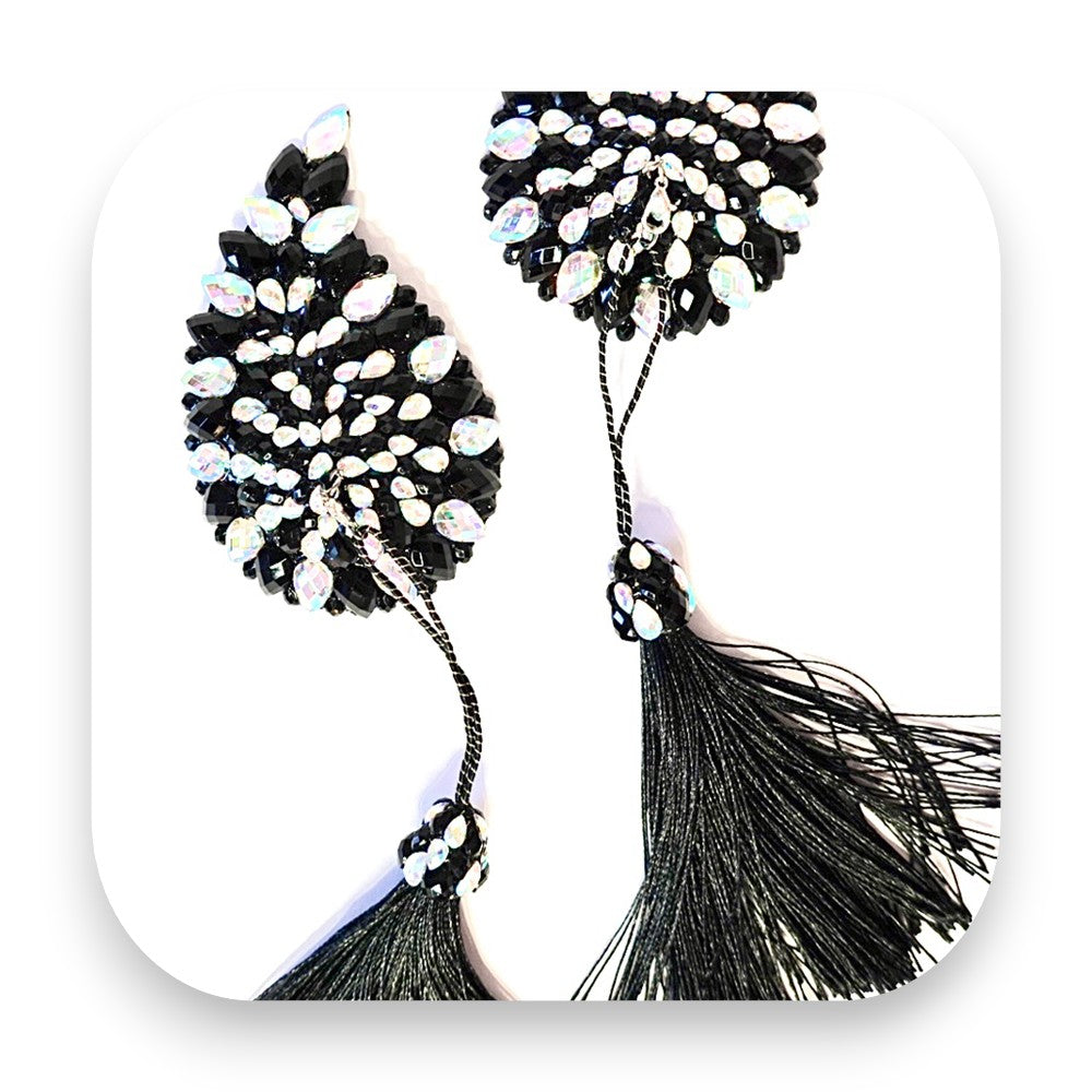 Handgefertigte Pasties mit abnehmbaren Tassel Wings in Schwarz-Silber - pastie, nippelabdeckung, nippelpad, nippelcover, burlesque, schwarz, silber, tassel, handgefertigt, leder, Glitterimperium