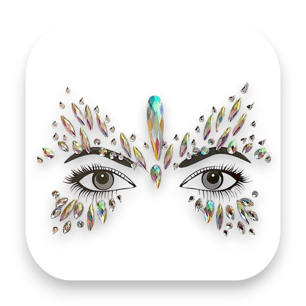 Funkelnde Strasssteine Crystal Queen auf hellem Hintergrund - Strasssteine, Glitzersteine, CrystalQueen, Make-up, Selbstklebend, Glamour, Festival, Party, Körperkunst, Beauty, Glitterimperium