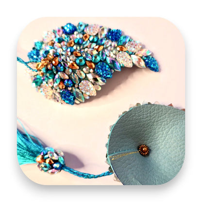Elegante Nippelabdeckung aus Leder mit Tassel Wings in Blau-Gold - pastie, nippelabdeckung, nippelpad, nippelcover, burlesque, blau, gold, tassel, handgefertigt, leder, Glitterimperium