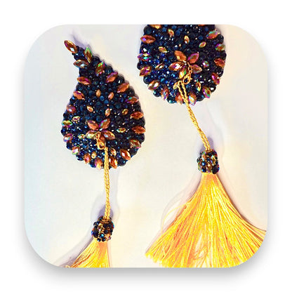 Elegante Nippelabdeckung aus Leder mit Tassel Wings in Dunkelblau-Gold - pastie, nippelabdeckung, nippelpad, nippelcover, burlesque, dunkelblau, gold, tassel, handgefertigt, leder, Glitterimperium